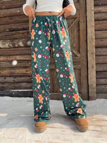 SHEIN EZwear 圣诞姜饼人印花针织裤 - 綠色 - 查看 5