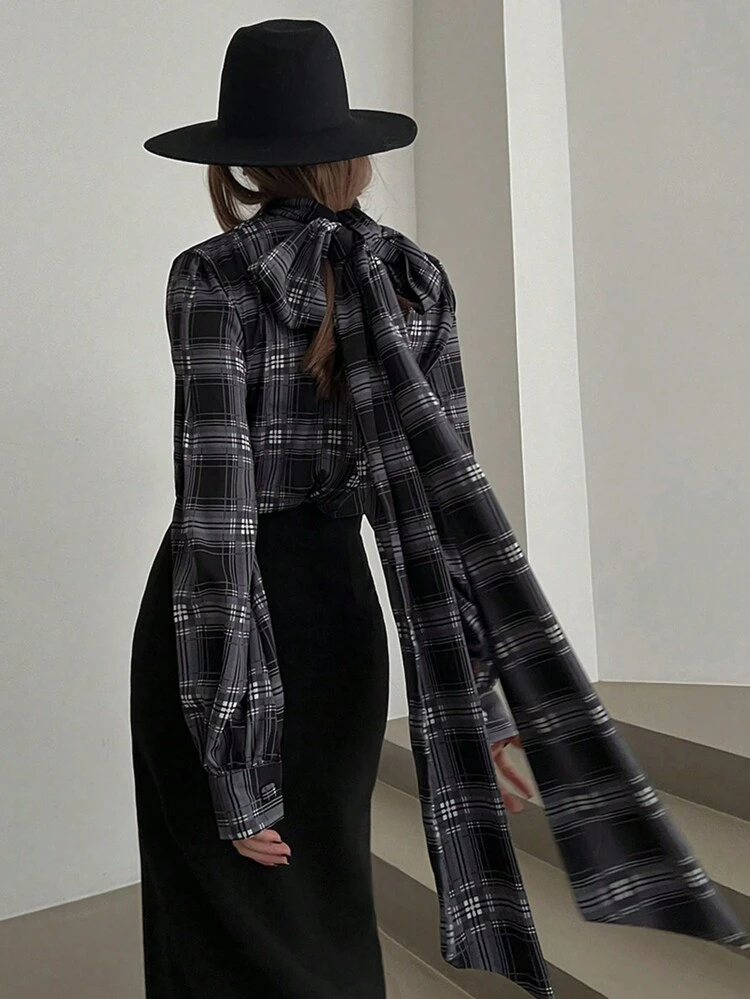 Women's Plaid Print Ribbon Tie Loose Blouse,Fall Clothes,Flannels Women Long Sleeve Top