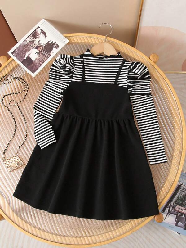 Vestido de manga larga con cuello alto, a rayas y de un solo color con aplicación de gasa, adecuado para uso casual, diario y escolar en verano y otoño, para niña joven
