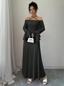 Elenzga Đầm Maxi Cổ Gập Tay Loe Xếp Ly Màu Trơn Thanh Lịch, Trang Phục Thu Cho Nữ - màu đen - Xem 5