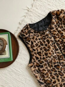SHEIN VCAY Women's Open Front Pocketed Casual Leopard Print Cardigan Coat, Autumn/Winter,Back To School For Daily Wear,Fall Outfits,Commute,Minimalist,Office,Old Money,Simple,Teacher Clothes,Halloween Women Costumes,Thanksgiving Women Outfit,Fuzzy Leopard Print Cardigan Coat,Fleece Coat,Cow Print Vest