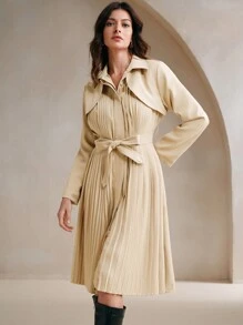 Anewsta 同款腰带褶边休闲翻领长袖长夹克 - 卡其色 - 查看 5