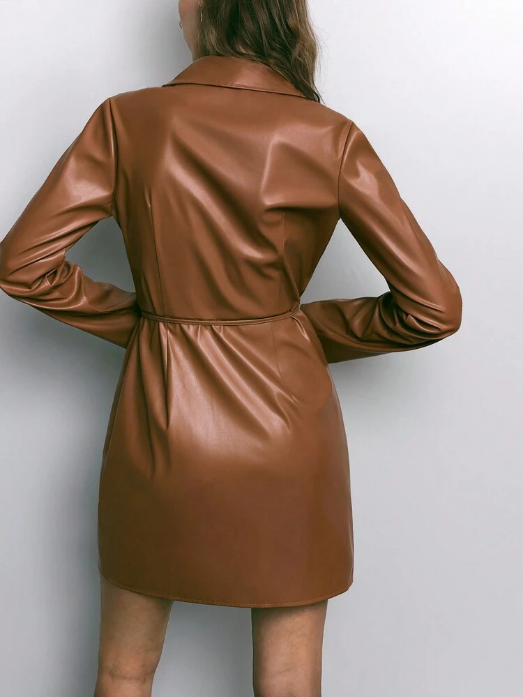 SHEIN Maija Women's Autumn/Winter Ruffle Collar Long Sleeve Pleated PU Leather Mini Dress, Fashion Brown