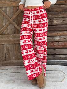 SHEIN EZwear Women's Front Tie Warm Christmas Fleece Pants, Casual Daily Wear, Autumn/Winter