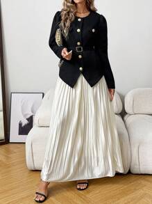 SHEIN Clasi Women Metal Button Pleated Blouse And Long Skirt 2 Pieces Set, Elegant For Autumn/Winter Fall Cloth For Women - Black - View 6