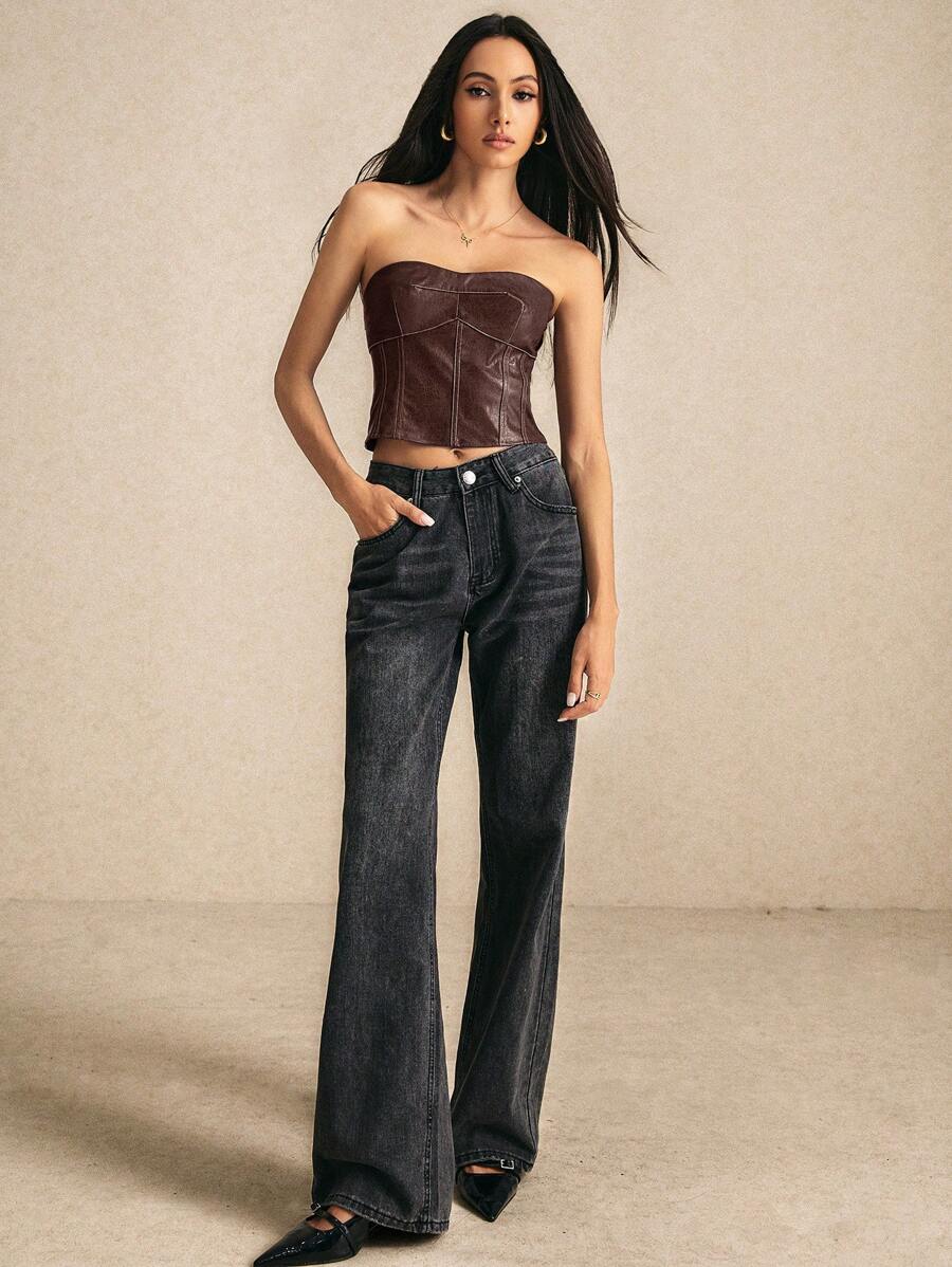 Poéselle 女士仿皮紧身胸衣上衣，复古风格，90 年代复兴短款紧身胸衣式上衣，后拉链设计，非常适合秋季派对、万圣节和百搭秋季时尚，将复古魅力与现代气息融为一体，色调丰富。 - 咖啡棕 - 查看 1