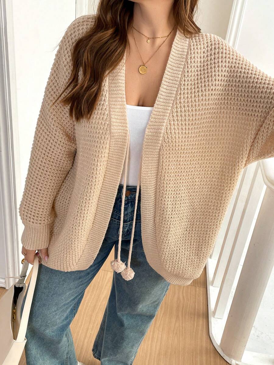 SHEIN Essnce Plus Size Women's Long-Sleeved Knitted Sweater Cardigan,Beige Elegant Fashion Everyday Smart Casual Commuting Thanksgiving Christmas Top Fall/Winter - Apricot - View 1