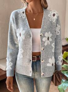 EMERY ROSE Floral Pattern Drop Shoulder Cardigan,Long Sleeve Tops Fall Winter Cloth For Women - Grey - View 4