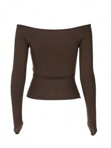 女式休闲纯色露肩褶皱修身长袖 T 恤，秋季 - 棕色 - 查看 2