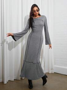 COSMINA Women's Elegant Flared Sleeve Fish Tail Hem Old Money Style Elegant Dress, Fall - Grey - View 3