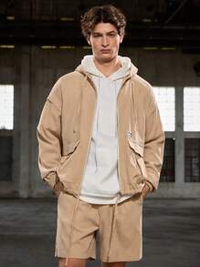 Manfinity VCAY 2pcs Men Casual Woven Jacket And Elastic Waist Shorts Set, Loose Fit, Long Sleeve, Young Adult, Daily Wear