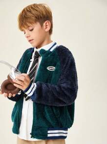 SHEIN Tween Boys' Casual Colorblock Ribbed Fleece Baseball Jacket, Autumn/Winter - Dark Green - View 8
