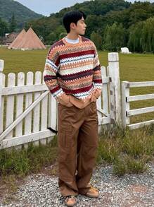 DAZY Men's Geo Pattern Casual Knit Sweater, Fall Autumn/Winter, Suitable For Thanksgiving