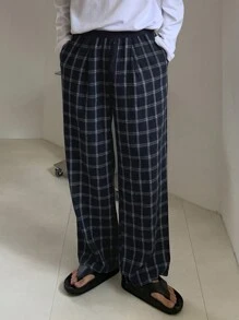 DAZY 男士休闲格子直筒裤，适合秋季 - 藍白色 - 查看 3