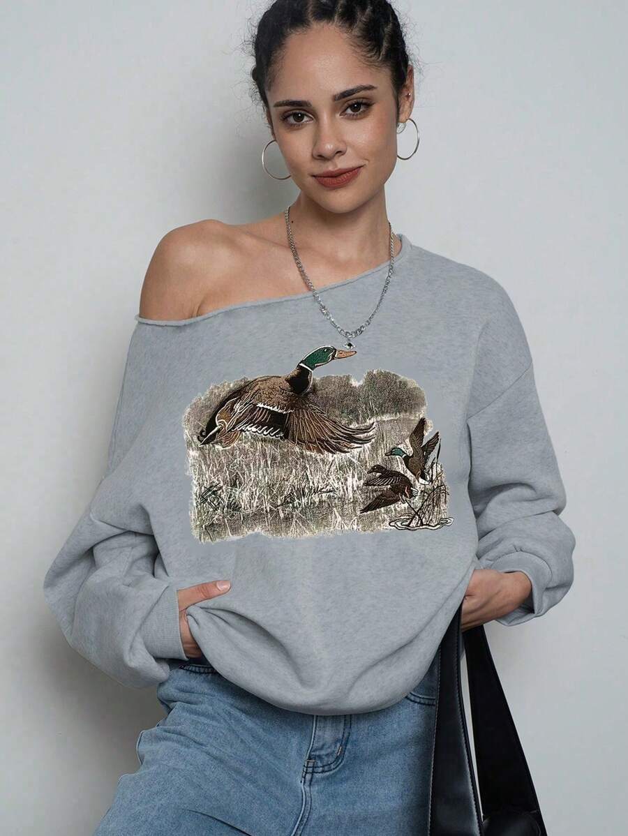 INAWLY 复古鸭子印花衬衫，西式复古鸭子衬衫，动物爱好者衬衫，秋季衬衫，绿头鸭衬衫，复古秋季衬衫，复古秋季衬衫运动衫 - 淺灰色 - 查看 1