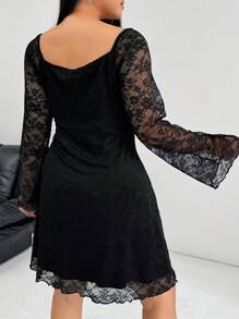 SHEIN EZwear Vestido de manga larga de encaje transparente con forro para tallas grandes - Negro - Ver 2