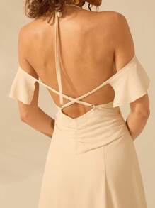 CAJUNI 女士露背米色挂脖系带长裙，度假休闲夏季连衣裙 - 米色 - 查看 9