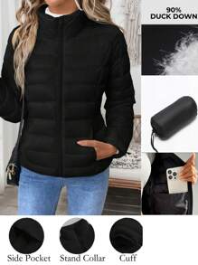 SHEIN LUNE Winter Coat,Women's Lightweight Quilted Puffer Black Jacket With Pockets, Zip Up Stand Collar