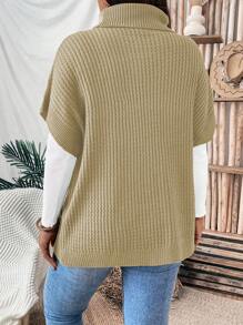 SHEIN LUNE Plus Size Solid Color Turtleneck Batwing Sleeve Knit Top, Casual For Autumn/Winter - Khaki - View 2