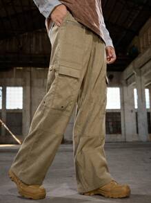 Manfinity VCAY Men's Casual Ribbed Fabric Loose Fit Drawstring Waist Straight Leg Pants - Army Green - View 7