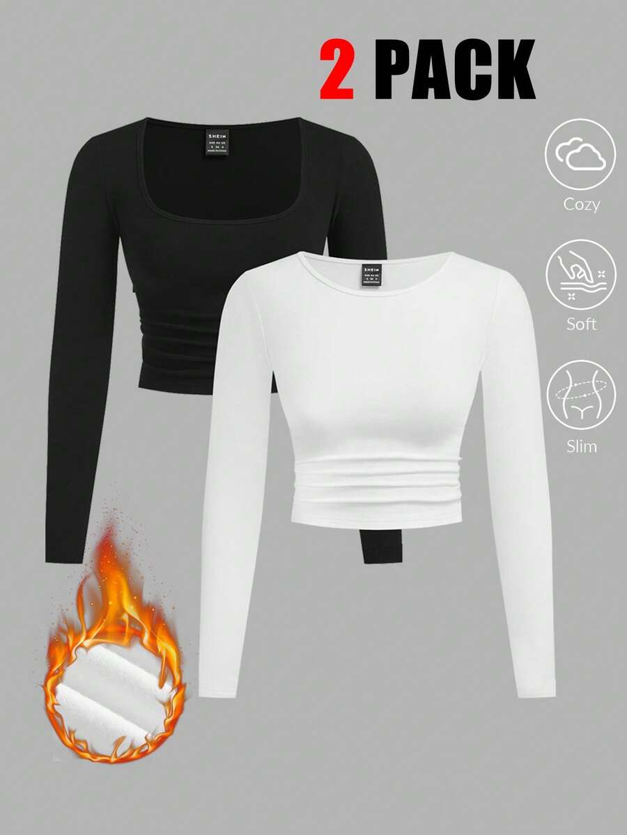 SHEIN EZwear 2 件女式基本款修身休闲针织短长袖 T 恤，黑色和白色 - 黑與白 - 查看 1