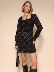 Chiquease 1pc Romantic Fashionable & Elegant Long Sleeve Jacquard Pattern Dress - Black - View 3