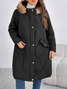 SHEIN LUNE Plus Size Casual Warm Plush Trim Hooded Zip Up Padded Coat, Autumn - Black - View 8