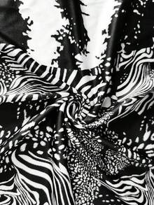 Top sin mangas de punto con escote en V y hombros descubiertos de unicolor + Vestido elegante negro con estampado de cebra, plisado, ajustado, con abertura y volantes asimétricos - Negro - Ver 6