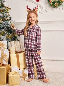SHEIN Young Girl Christmas White,Autumn,Night Plaid Pattern Fleece Pajama Set,2 Pieces Mommy And Me Matching Outfits Button Down Shirt & Straight Leg Pants - Red and White - View 3