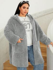 SHEIN EZwear 大码纯色长袖口袋简约连帽外套 - 淺灰色 - 查看 2