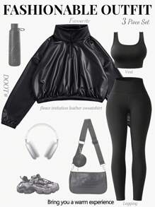 SHEIN Sports Women 3pcs/Set Casual Sportswear Warm Windproof Coat & Fitted Vest And Leggings, Autumn/Winter Running Fitness Outdoor & Workout Sets Women - Black - View 1