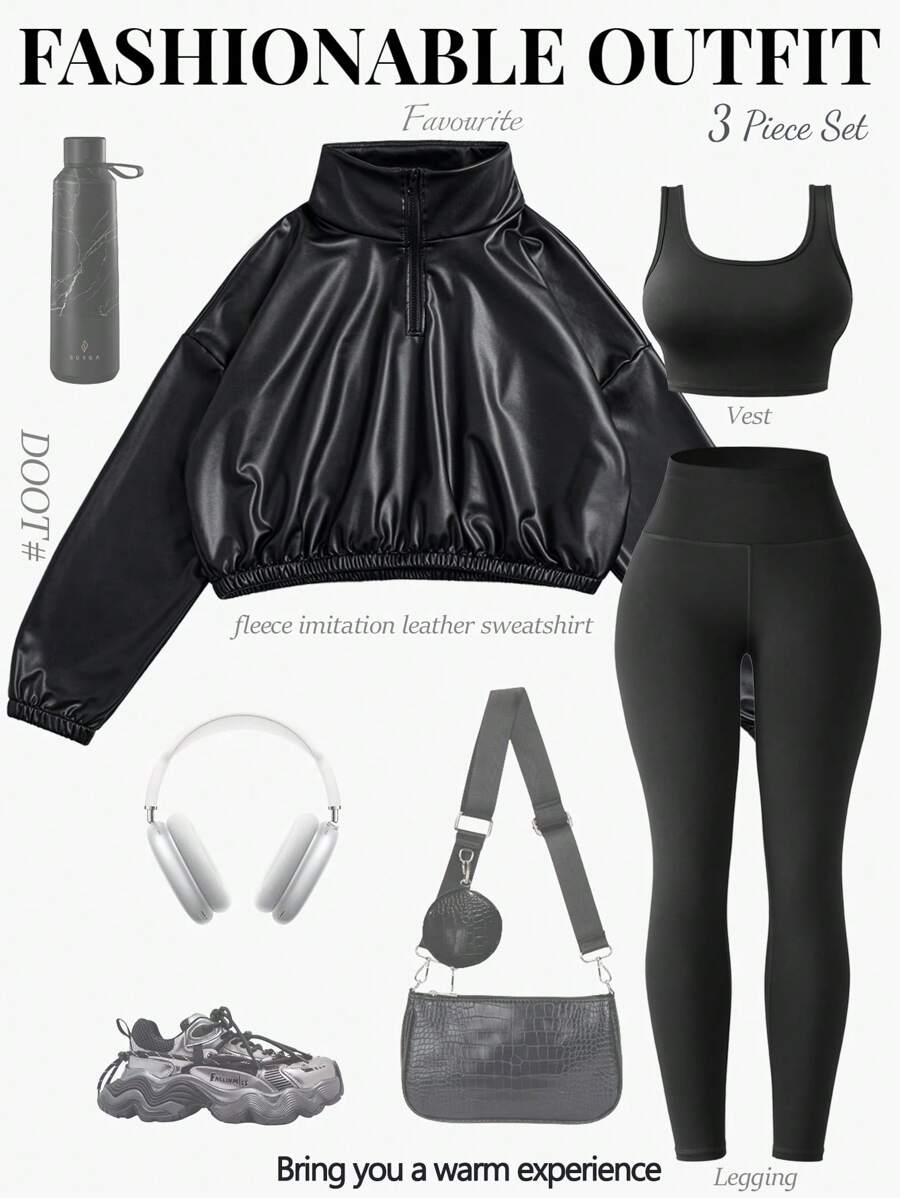 SHEIN Sports Women 3pcs/Set Casual Sportswear Warm Windproof Coat & Fitted Vest And Leggings, Autumn/Winter Running Fitness Outdoor & Workout Sets Women - Black - View 1