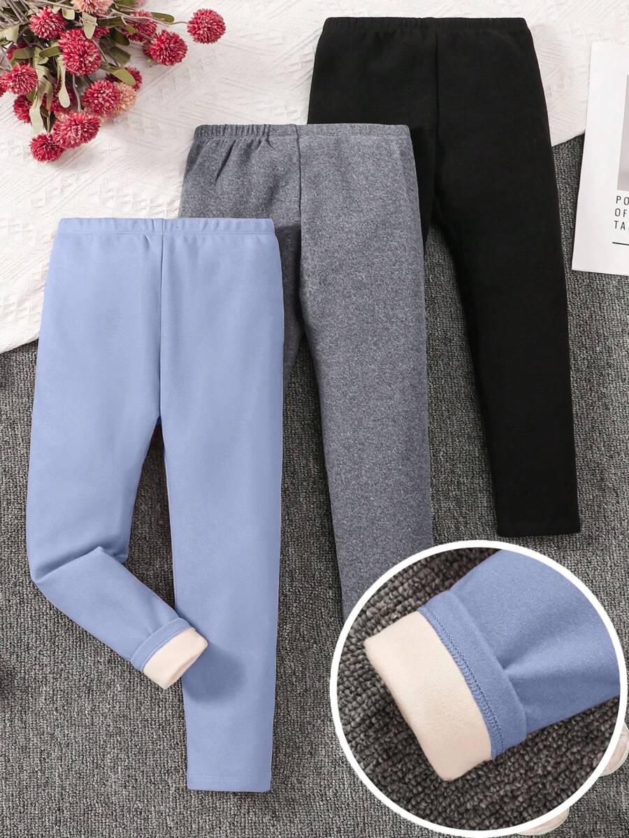 3pcs/Set Legging Rajut Pas Badan Warna Polos untuk Anak Perempuan - Biru - View 1