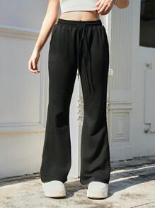 SHEIN Explorewe Teen Girls Casual Solid Color Drawstring Waist Side Pocket Flare Leg Sweatpants - Black - View 8