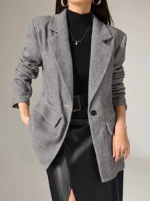 Modelyn 女士常规款人字形图案翻领长袖休闲夹克，秋冬 - 灰色 - 查看 5