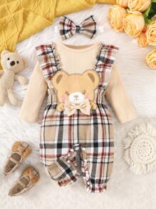 Baby Girl's Christmas Cartoon Deer Print Knit Round Neck Long Sleeve Top & Plaid Bow Pants With Headband Set, Autumn/Winter - Apricot - View 1