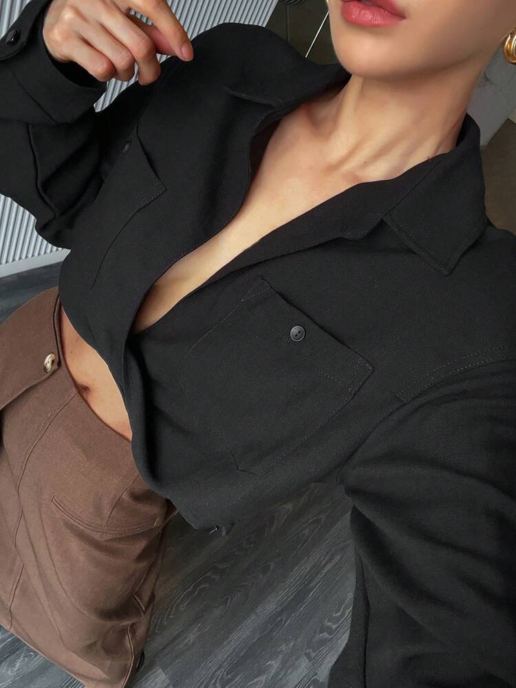Women's Polo Collar Twisted Hem Cropped Unisex Shirt Long Sleeve Top