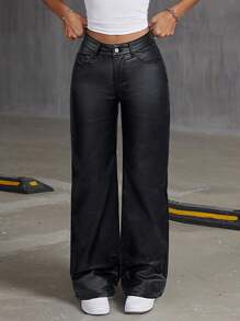 Jeanoix Women Black Coated Bow Embroidery Straight Leg Pants Fall Cloth For Women