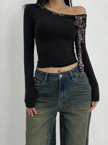 DAZY 女士秋季时尚豹纹系带前不对称肩部修身T恤长袖女上衣 - 黑色 - 查看 7