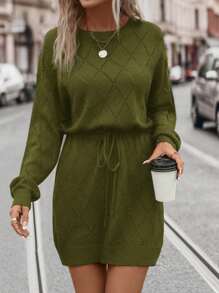 SHEIN LUNE Plus Size Women's Elegant Casual Daily Commute Autumn Winter Round Neck Drop Shoulder Pattern Waist Drawstring Loose Black Sweater Dressbusiness Casual Woman,Holiday Outfits,Country Tops