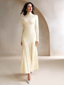 Anewsta Ladies Elegant Rhinestone Splice Mermaid High Collar Fitted Long Dress - Beige - View 1