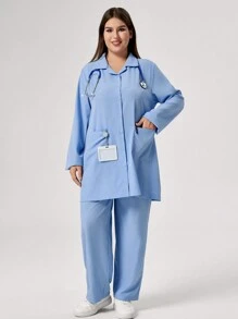 TaskEZ 大码纯色前扣双口袋长袖上衣和裤子制服套装，秋季磨砂套装