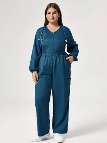 TaskEZ Plus Size Solid Color Front Zipper Long Sleeve Top And Pants Nursing Uniform Scrub Set