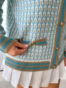 Celure Áo len cardigan dệt kim ngắn cổ chữ V in họa tiết kẻ caro cỡ lớn, dành cho mùa đông, áo len cardigan móc - Nhiều màu - Xem 6