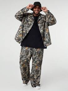 Manfinity VCAY Plus Size Men's Loose Woven Leaf/Maple Leaf Print Jacket And Pants Set, Fall Winter Clothes - Multicolor - View 4