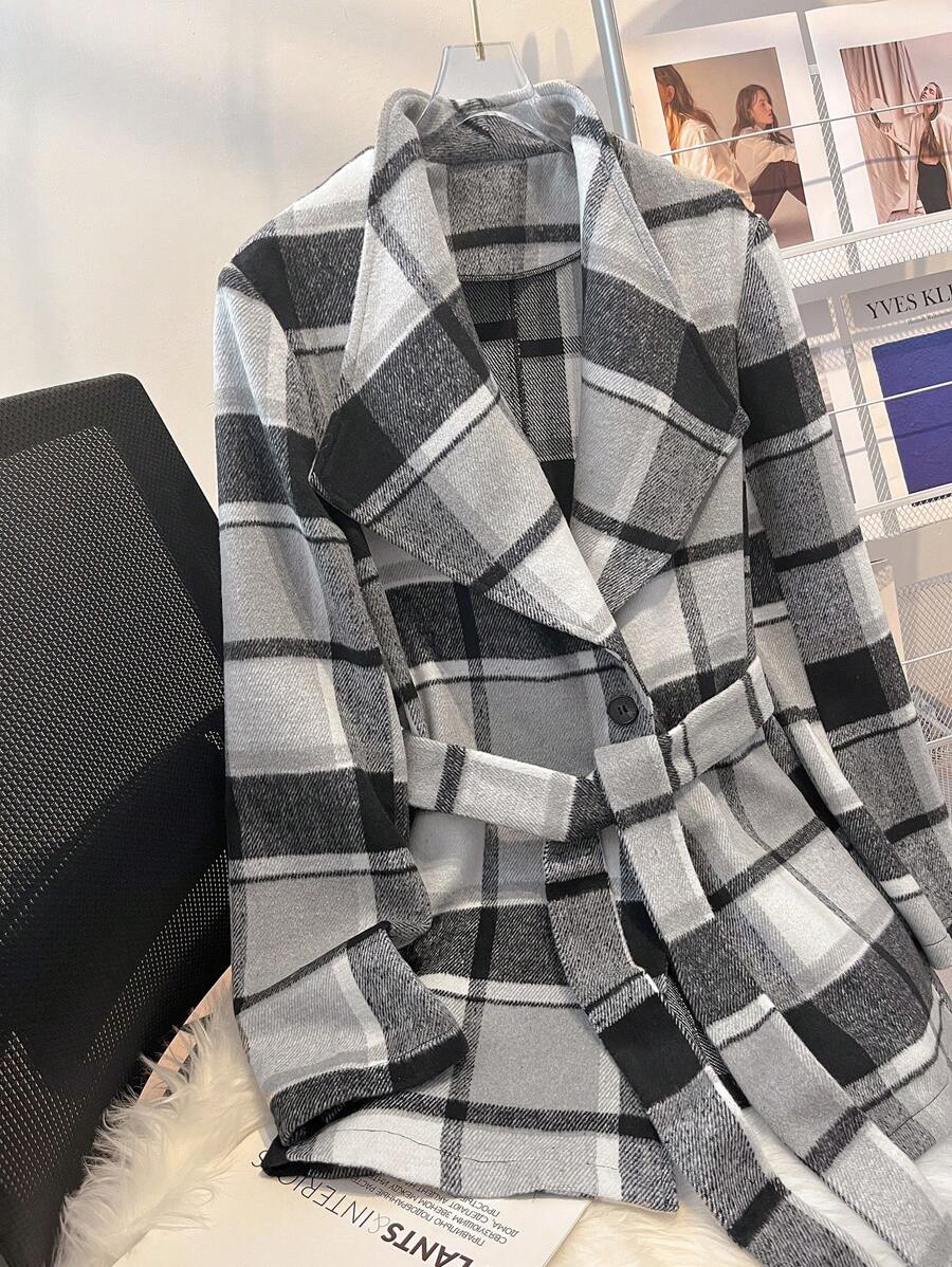 EMERY ROSE Women's Plaid Long Sleeve Waist-Tie Elegant Overcoat, Autumn/Winter - Multicolor - View 1