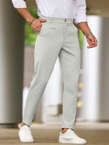 Manfinity Bizformal Quần ống đứng túi trơn màu cho nam đi làm, mùa thu - Xám - Xem 8