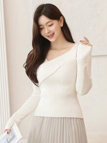 DAZY 1 pièce Pull tricoté ajusté asymétrique de couleur unie décontracté pour femmes, vêtements d'automne