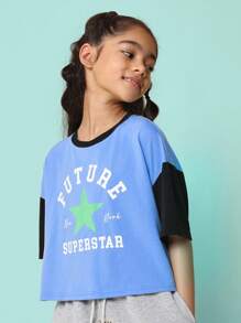 SUMWON Tween Girls Crop Fit Colour Block Sleeve Tee With Graphic Print