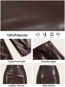 BizChic 女士高开衩PU半身裙，都市通勤商务休闲办公装，优雅女士正装 - 棕色 - 查看 3